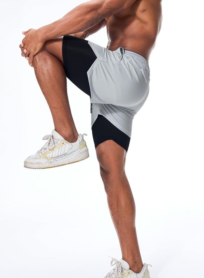 Surenow شورت رياضي رجالي من Surenow، سريع الجفاف، مناسب للتمارين الرياضية، تصميم 2 في 1، طول 5 بوصات، مناسب للجري والتمارين الرياضية، مزود بجيب للهاتف، لون رمادي فاتح - Image 3